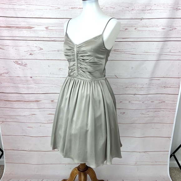 Banana Republic Taupe Brushed Silk Ruched Sleeveless Retro Flare Pocket Dress - Picture 7 of 15